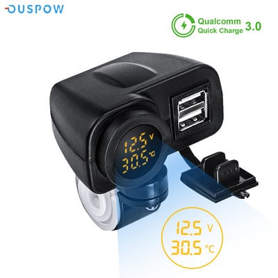 Ouspow Încărcător pentru motociclete 12V 36W QC3.0 Afișaj digital Telefon dublu USB Încărcător rapid Voltmetru Termometru Priză încărcător telefon