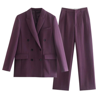 T MODA 2022 Γυναικεία Vintage Μωβ διπλό στήθος Μπλέιζερ παλτό + ψηλόμεσο παντελόνι με φερμουάρ Γυναικεία πανωφόρια κομψά σετ