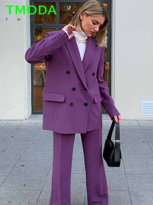 T MODA 2022 Γυναικεία Vintage Μωβ διπλό στήθος Μπλέιζερ παλτό + ψηλόμεσο παντελόνι με φερμουάρ Γυναικεία πανωφόρια κομψά σετ