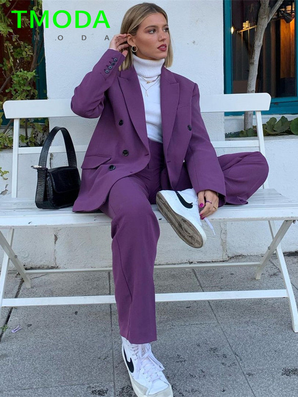 T MODA 2022 Γυναικεία Vintage Μωβ διπλό στήθος Μπλέιζερ παλτό + ψηλόμεσο παντελόνι με φερμουάρ Γυναικεία πανωφόρια κομψά σετ