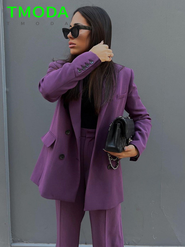 T MODA 2022 Γυναικεία Vintage Μωβ διπλό στήθος Μπλέιζερ παλτό + ψηλόμεσο παντελόνι με φερμουάρ Γυναικεία πανωφόρια κομψά σετ