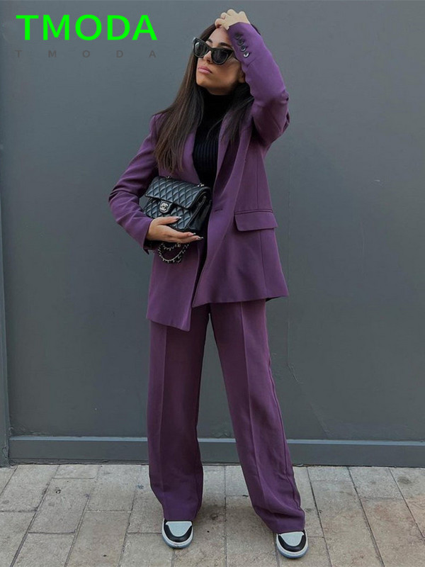 T MODA 2022 Γυναικεία Vintage Μωβ διπλό στήθος Μπλέιζερ παλτό + ψηλόμεσο παντελόνι με φερμουάρ Γυναικεία πανωφόρια κομψά σετ