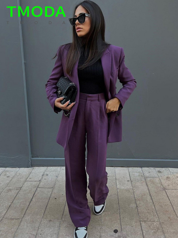 T MODA 2022 Γυναικεία Vintage Μωβ διπλό στήθος Μπλέιζερ παλτό + ψηλόμεσο παντελόνι με φερμουάρ Γυναικεία πανωφόρια κομψά σετ