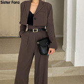 Sister Fara Elegantne kevadine naiste kaheosaline komplekt pikkade varrukatega lühikeste bleiseriga + kõrge vöökohaga, laia säärega pikad püksid, sügisene vabaaja 2-osaline komplekt