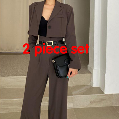 Sister Fara Elegantne kevadine naiste kaheosaline komplekt pikkade varrukatega lühikeste bleiseriga + kõrge vöökohaga, laia säärega pikad püksid, sügisene vabaaja 2-osaline komplekt