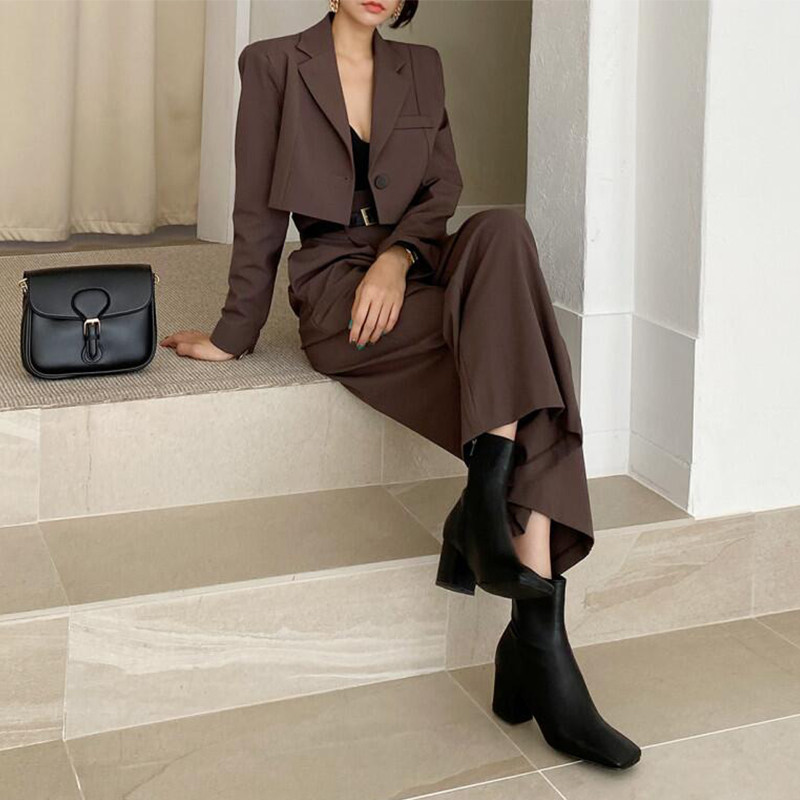 Sister Fara Elegantne kevadine naiste kaheosaline komplekt pikkade varrukatega lühikeste bleiseriga + kõrge vöökohaga, laia säärega pikad püksid, sügisene vabaaja 2-osaline komplekt