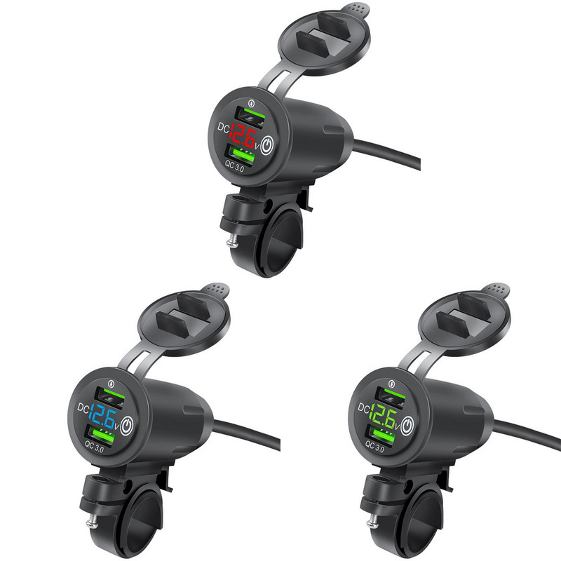 Mootorratta modifitseeritud laadija kiirlaadija, topelt-USB QC3.0 LED-voltmeeter, ekraan kahe USB laadija pistikupesaga mootorratta osad