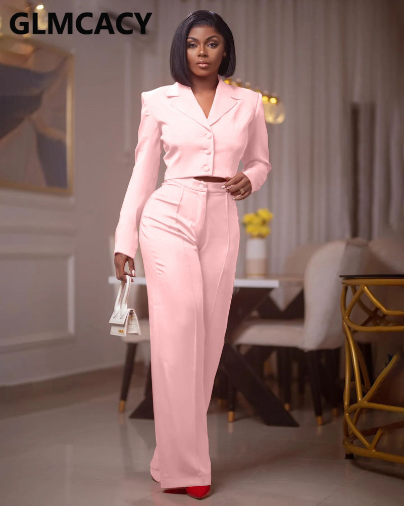 Divdaļīgi sieviešu bikšu komplekti ar vienrindu žaketi un platas bikses ar augstu vidukli