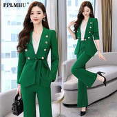 Office Lady Costum Slim Elegant Femei Set 2 Piese Coreeană Subțire Necăptușită Sacou Blazer Cu Curea și Costum Pantaloni Evazați Ținuta de lucru