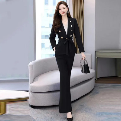 Office Lady Costum Slim Elegant Femei Set 2 Piese Coreeană Subțire Necăptușită Sacou Blazer Cu Curea și Costum Pantaloni Evazați Ținuta de lucru
