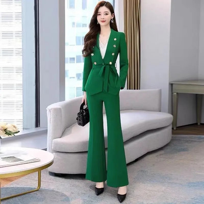Office Lady Costum Slim Elegant Femei Set 2 Piese Coreeană Subțire Necăptușită Sacou Blazer Cu Curea și Costum Pantaloni Evazați Ținuta de lucru