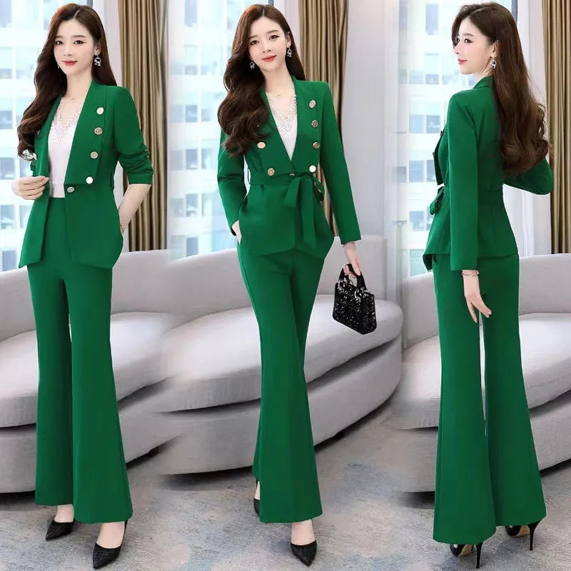 Office Lady Costum Slim Elegant Femei Set 2 Piese Coreeană Subțire Necăptușită Sacou Blazer Cu Curea și Costum Pantaloni Evazați Ținuta de lucru