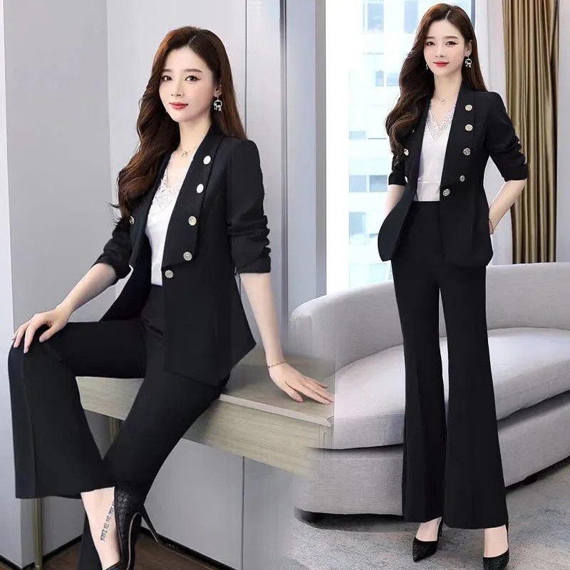 Office Lady Costum Slim Elegant Femei Set 2 Piese Coreeană Subțire Necăptușită Sacou Blazer Cu Curea și Costum Pantaloni Evazați Ținuta de lucru