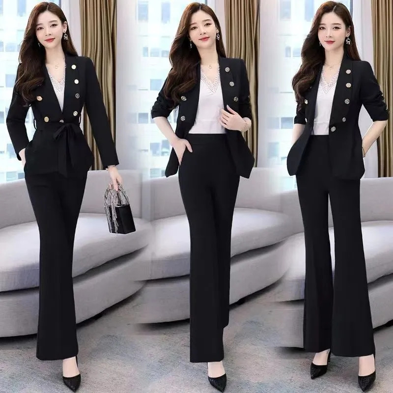 Office Lady Costum Slim Elegant Femei Set 2 Piese Coreeană Subțire Necăptușită Sacou Blazer Cu Curea și Costum Pantaloni Evazați Ținuta de lucru