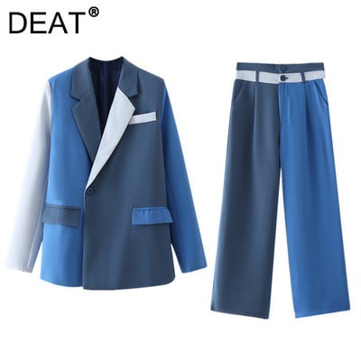 DEAT 2023 Fashion New Spring Blazer cu un singur buton + Pantaloni drepti Culoare contrastantă Casual Seturi din două piese Femei 13V1890