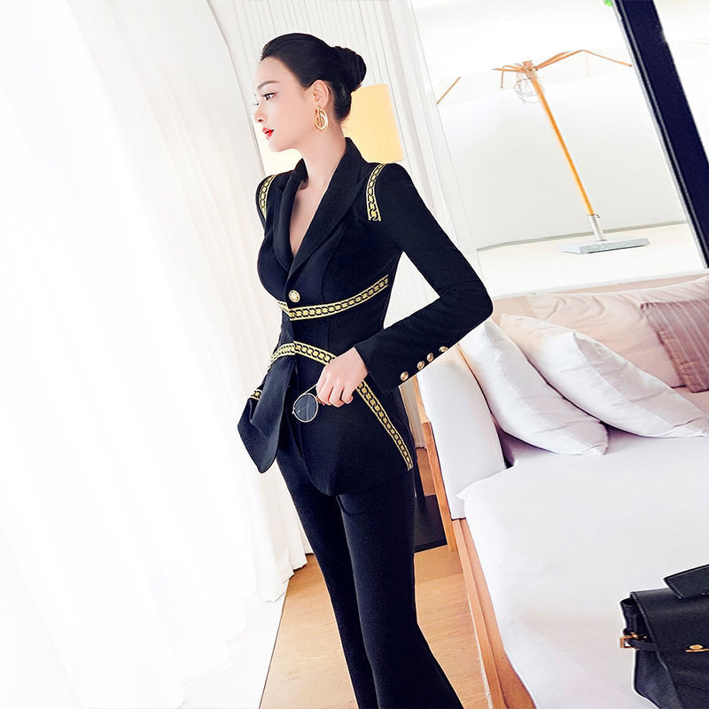 2021. aasta uus kevadsügisene naiste elegantne 2-osaline naiste nööpidega bleiseri ja lainetusega pükstekomplekt, naiste lahtised kontoriülikonnad L808