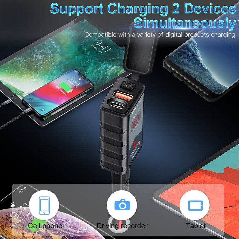 Powstationi veekindel QC 3.0 C-tüüpi mootorrattatelefoni laadija 6,4A mootorratta USB-laadija koos Voltmeeter-mootori toiteallika pistikupesaga