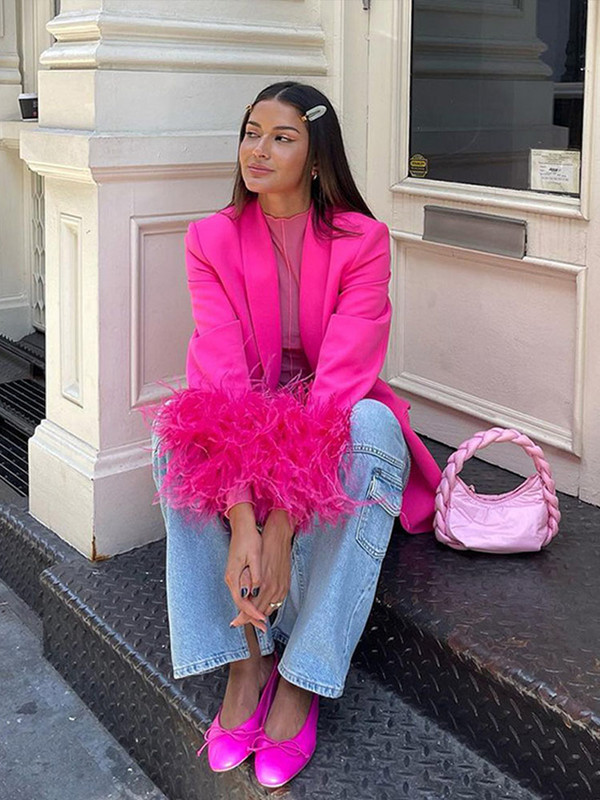 Seturi de pantaloni blazer cu mâneci cu pene, jachetă cu un singur buton, pantaloni cu fermoar, toamnă iarnă, ținute de birou, îmbrăcăminte