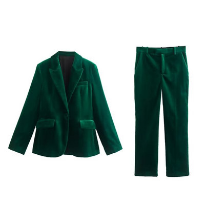 Blazer de catifea pentru femei, toamnă și iarnă 2022, la modă ocazională, cu rever cu mânecă lungă, jachetă solidă cu buzunar + pantaloni tuburi lați