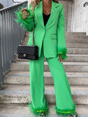 Plunksnos, moteriškas švarkas kelnių kostiumas, madingas laisvas mygtukų kišenė Prašmatnus ilgomis rankovėmis moteriškas 2 dalių rinkinys 2023 m. pavasario biuro moteriška apranga