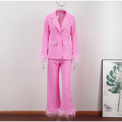 Plunksnos, moteriškas švarkas kelnių kostiumas, madingas laisvas mygtukų kišenė Prašmatnus ilgomis rankovėmis moteriškas 2 dalių rinkinys 2023 m. pavasario biuro moteriška apranga