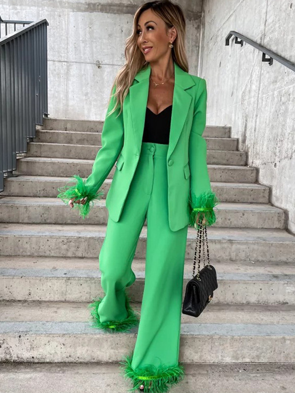 Plunksnos, moteriškas švarkas kelnių kostiumas, madingas laisvas mygtukų kišenė Prašmatnus ilgomis rankovėmis moteriškas 2 dalių rinkinys 2023 m. pavasario biuro moteriška apranga