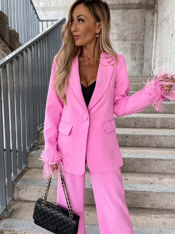 Plunksnos, moteriškas švarkas kelnių kostiumas, madingas laisvas mygtukų kišenė Prašmatnus ilgomis rankovėmis moteriškas 2 dalių rinkinys 2023 m. pavasario biuro moteriška apranga