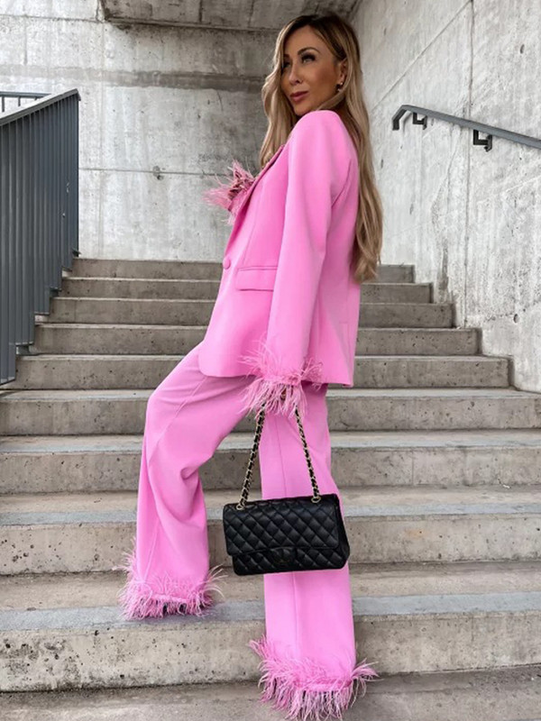 Plunksnos, moteriškas švarkas kelnių kostiumas, madingas laisvas mygtukų kišenė Prašmatnus ilgomis rankovėmis moteriškas 2 dalių rinkinys 2023 m. pavasario biuro moteriška apranga