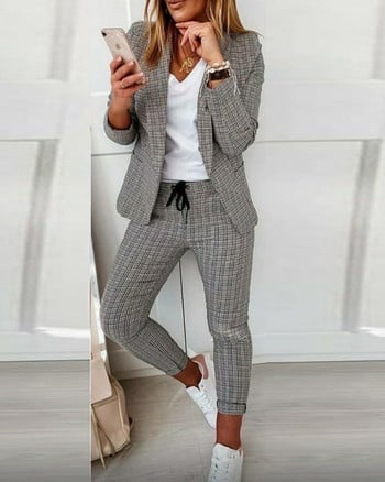 Casual Blazer καρό στάμπα 2τμχ Σετ Σακάκι + Παντελόνι Κοστούμι ρούχων Γυναικεία Σετ ρούχων 2022 Άνοιξη Νέο Στιλ