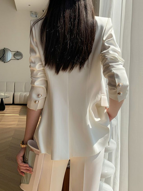 Naujas moteriškas biuro baltos spalvos kelnių kostiumas Elegantiškas laisvalaikis laisvos striukės plačios kelnės 2 dalių komplektas Moteriški korėjietiški mados komplektai