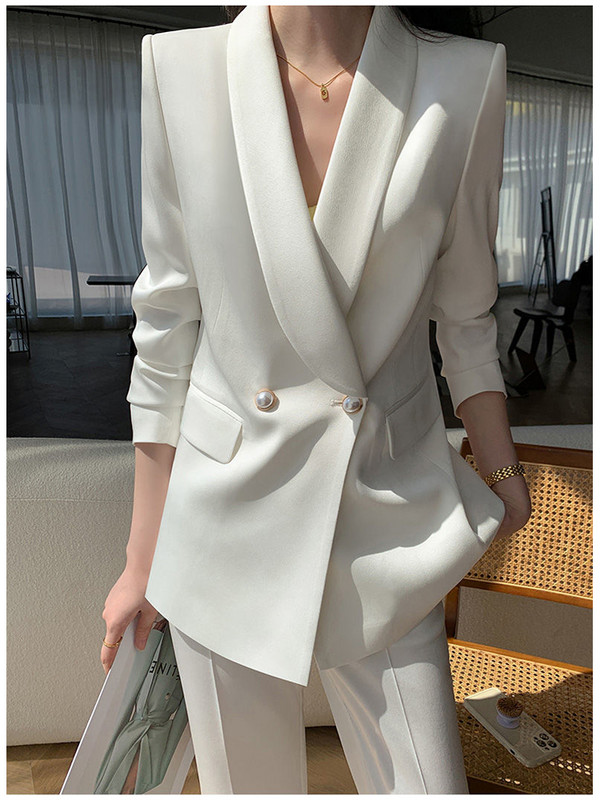 Naujas moteriškas biuro baltos spalvos kelnių kostiumas Elegantiškas laisvalaikis laisvos striukės plačios kelnės 2 dalių komplektas Moteriški korėjietiški mados komplektai