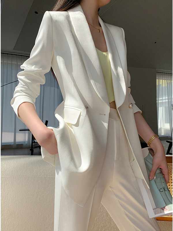 Naujas moteriškas biuro baltos spalvos kelnių kostiumas Elegantiškas laisvalaikis laisvos striukės plačios kelnės 2 dalių komplektas Moteriški korėjietiški mados komplektai
