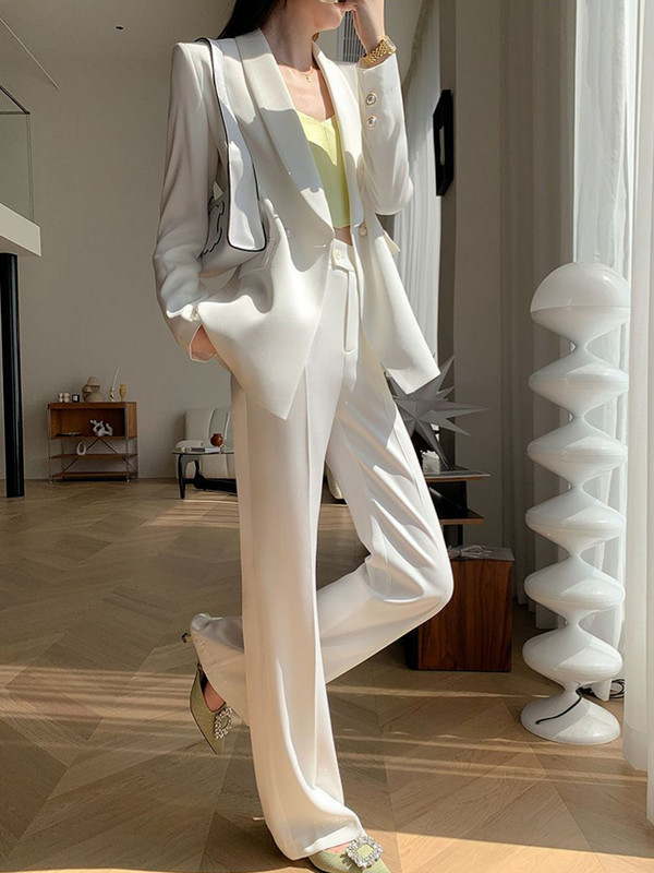 Naujas moteriškas biuro baltos spalvos kelnių kostiumas Elegantiškas laisvalaikis laisvos striukės plačios kelnės 2 dalių komplektas Moteriški korėjietiški mados komplektai