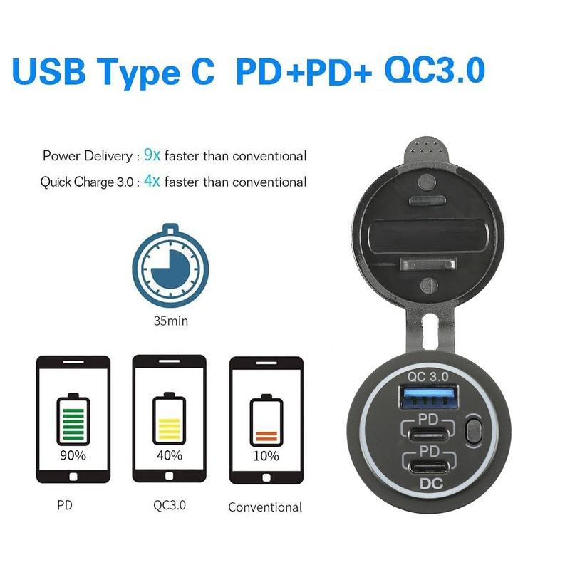 USB C autolaadija pesa 12 V/24 V mitu USB-väljundit Kaks 45 W PD USB-C ja QC3.0 porti koos toitelülitiga kiire autoadapteriga