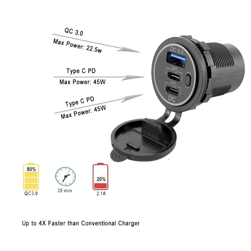 USB C autolaadija pesa 12 V/24 V mitu USB-väljundit Kaks 45 W PD USB-C ja QC3.0 porti koos toitelülitiga kiire autoadapteriga