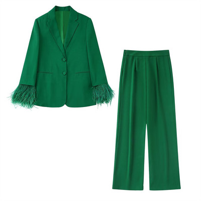 ZACK RAIN Žensko zeleno odijelo s pernatim manžetama koje se može skinuti 2022. Ženski blejzer Hlače visokog struka Vintage Party Labavi ženski 2 kompleta