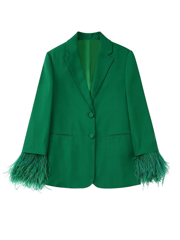 ZACK RAIN Žensko zeleno odijelo s pernatim manžetama koje se može skinuti 2022. Ženski blejzer Hlače visokog struka Vintage Party Labavi ženski 2 kompleta