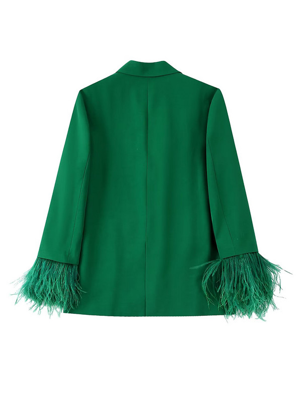 ZACK RAIN Žensko zeleno odijelo s pernatim manžetama koje se može skinuti 2022. Ženski blejzer Hlače visokog struka Vintage Party Labavi ženski 2 kompleta