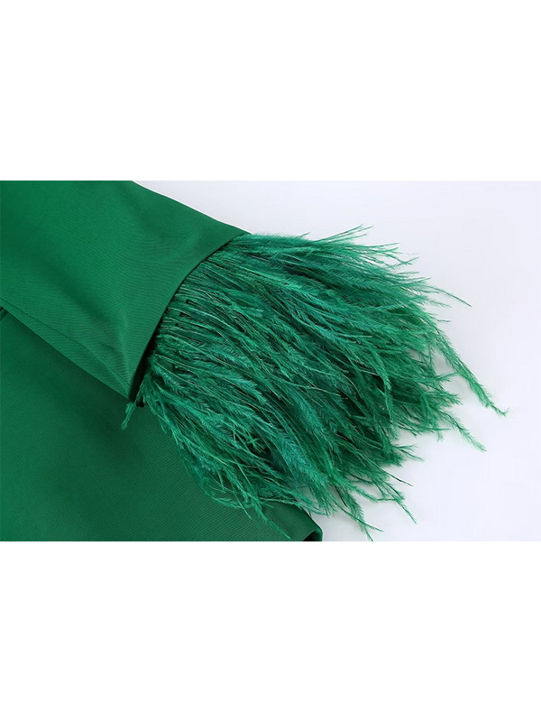 ZACK RAIN Žensko zeleno odijelo s pernatim manžetama koje se može skinuti 2022. Ženski blejzer Hlače visokog struka Vintage Party Labavi ženski 2 kompleta