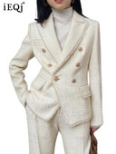 IEQJ valged bleiserülikonnad naiste 2023. aasta sügistalvel kaherealised kootud tviidist bleiserid kitsad püksid A Line pika seeliku komplektid 3W6872