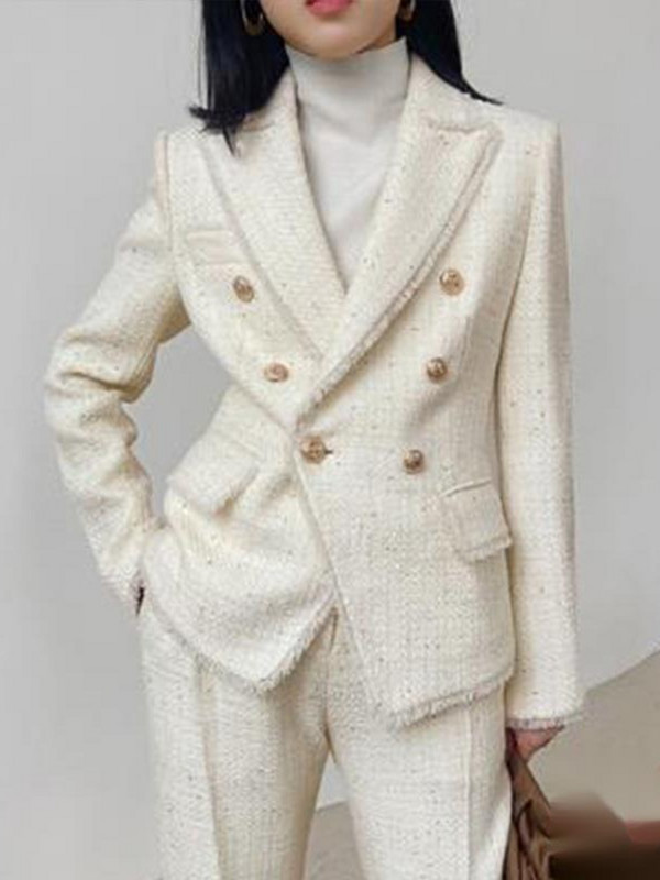 IEQJ valged bleiserülikonnad naiste 2023. aasta sügistalvel kaherealised kootud tviidist bleiserid kitsad püksid A Line pika seeliku komplektid 3W6872