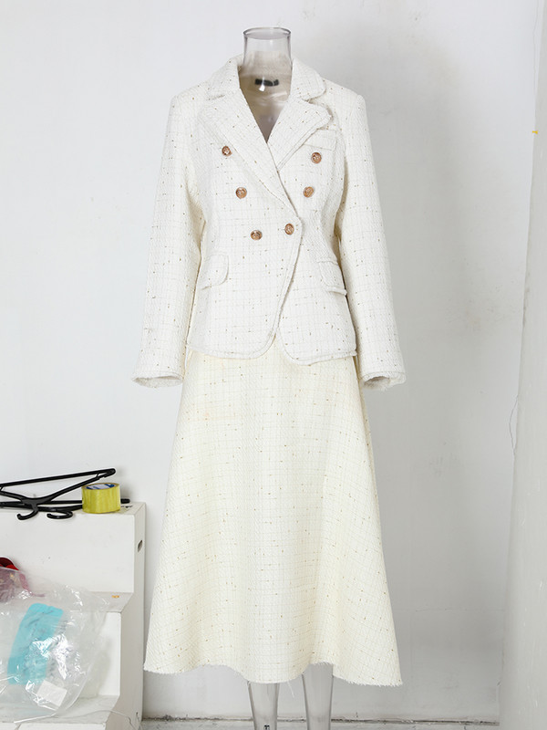 IEQJ valged bleiserülikonnad naiste 2023. aasta sügistalvel kaherealised kootud tviidist bleiserid kitsad püksid A Line pika seeliku komplektid 3W6872