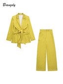 Set Femeie 2 Piese Sacouri Galbene Femei Cu Curea Primavara Office Lady Costume Blazer Dama Picior Lat Seturi Pantaloni Elegante Femei