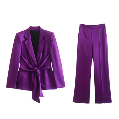 Set Femeie 2 Piese Sacouri Galbene Femei Cu Curea Primavara Office Lady Costume Blazer Dama Picior Lat Seturi Pantaloni Elegante Femei