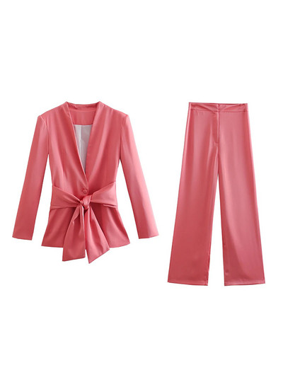 Set Femeie 2 Piese Sacouri Galbene Femei Cu Curea Primavara Office Lady Costume Blazer Dama Picior Lat Seturi Pantaloni Elegante Femei