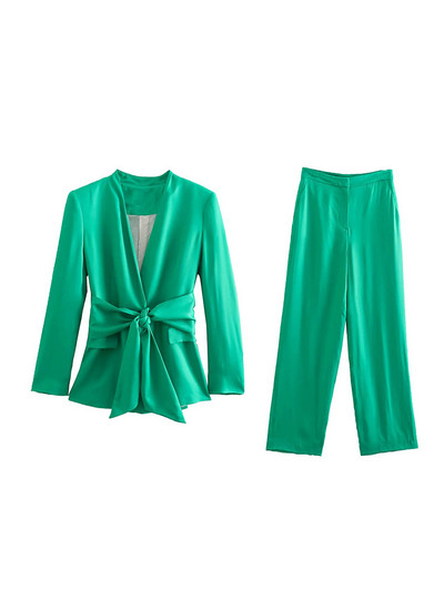 Set Femeie 2 Piese Sacouri Galbene Femei Cu Curea Primavara Office Lady Costume Blazer Dama Picior Lat Seturi Pantaloni Elegante Femei