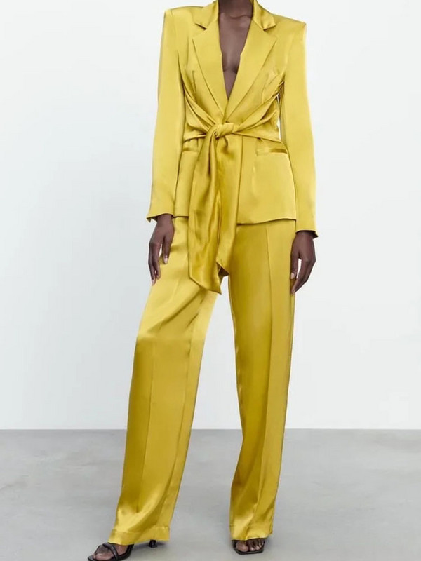 Set Femeie 2 Piese Sacouri Galbene Femei Cu Curea Primavara Office Lady Costume Blazer Dama Picior Lat Seturi Pantaloni Elegante Femei