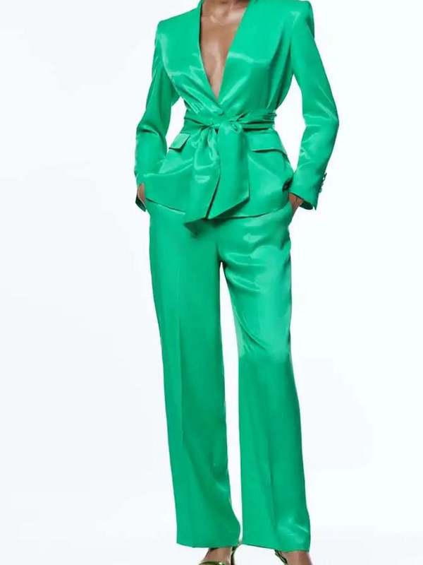 Set Femeie 2 Piese Sacouri Galbene Femei Cu Curea Primavara Office Lady Costume Blazer Dama Picior Lat Seturi Pantaloni Elegante Femei