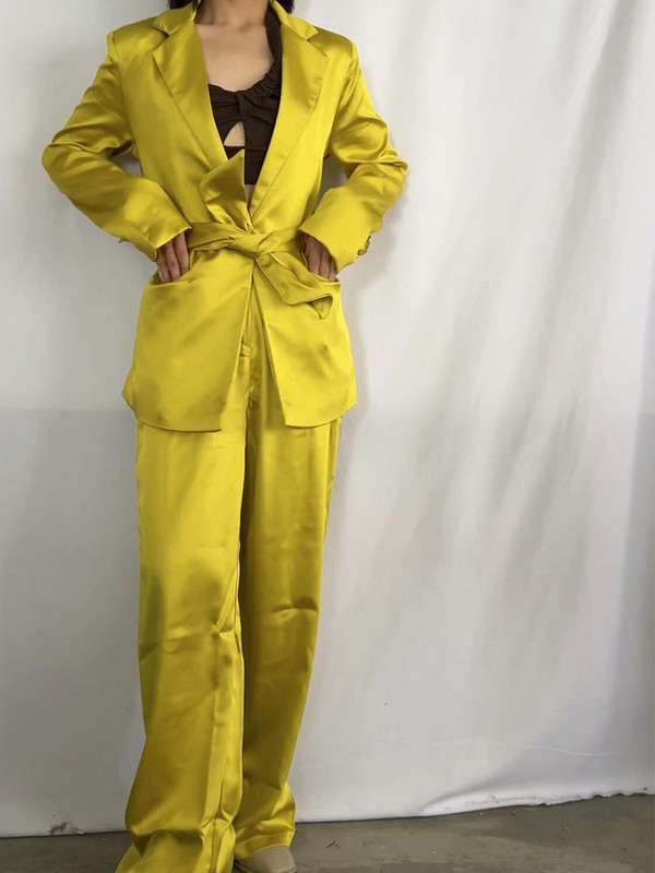 Set Femeie 2 Piese Sacouri Galbene Femei Cu Curea Primavara Office Lady Costume Blazer Dama Picior Lat Seturi Pantaloni Elegante Femei