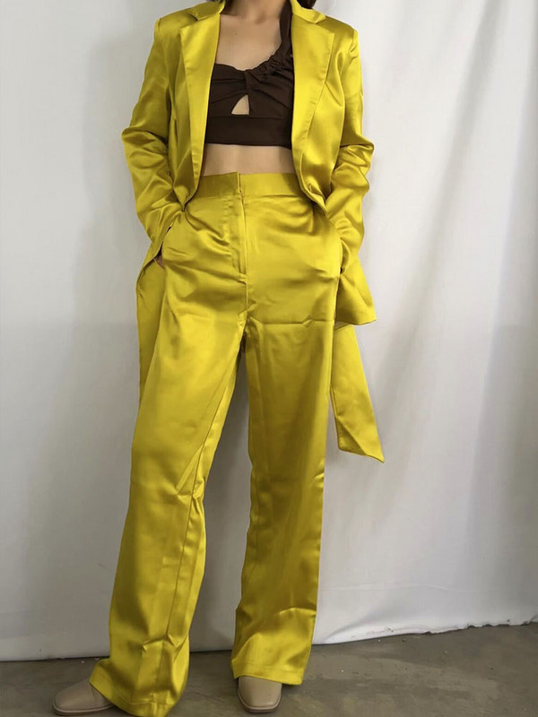 Set Femeie 2 Piese Sacouri Galbene Femei Cu Curea Primavara Office Lady Costume Blazer Dama Picior Lat Seturi Pantaloni Elegante Femei